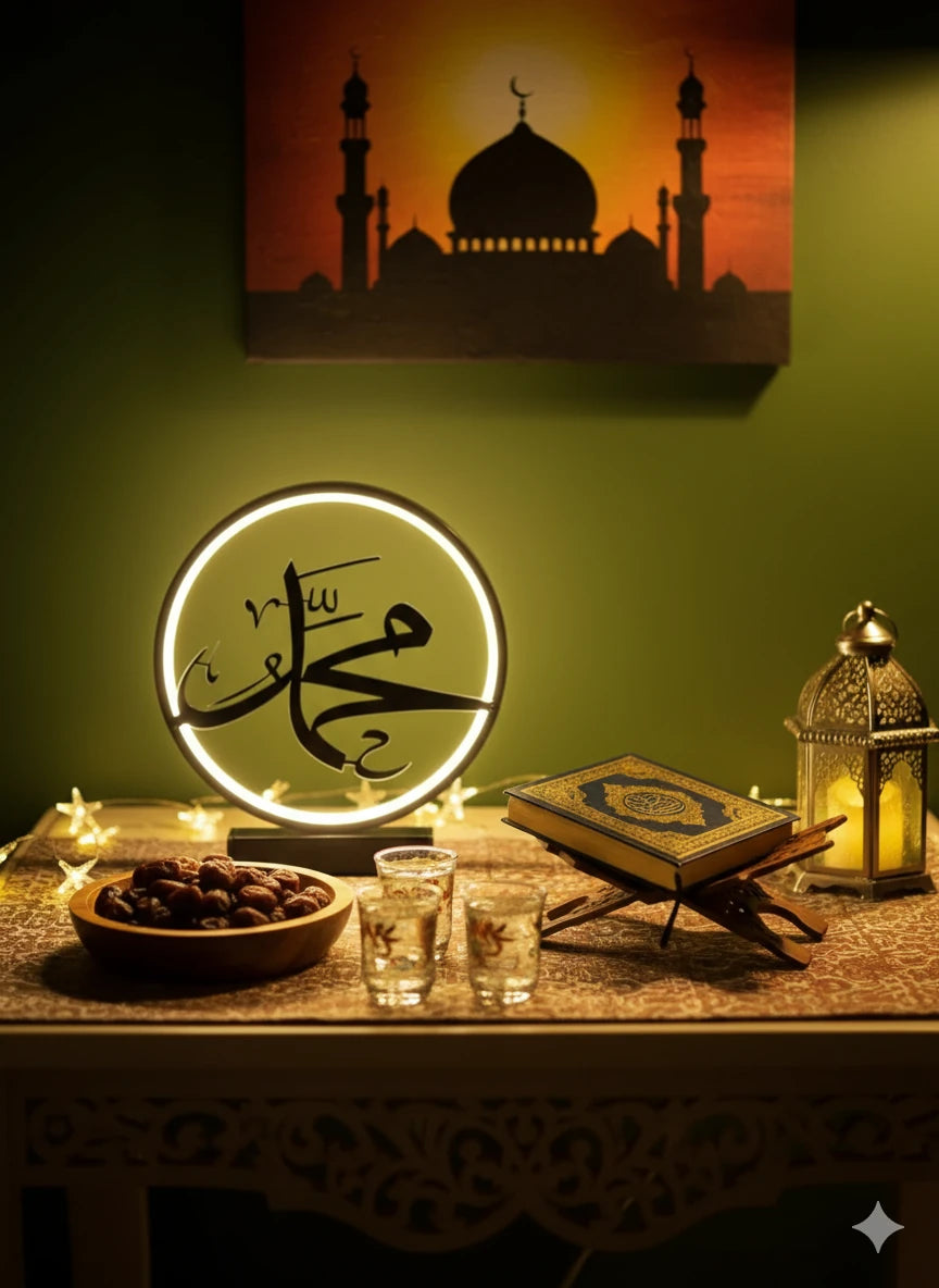 LED Işıklı Muhammed Yazılı Masa Lambası – İslami Hat Sanatı Dekoratif Aydınlatma