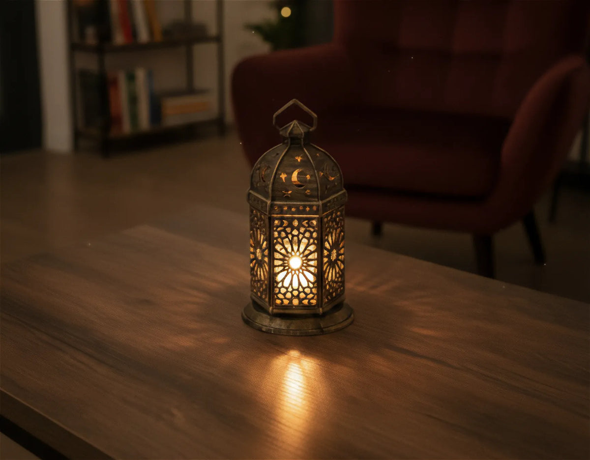 İslami Motifli Ramazan Feneri – Pilli LED Mumluk | Yıldız Hilal Dekoratif Fener
