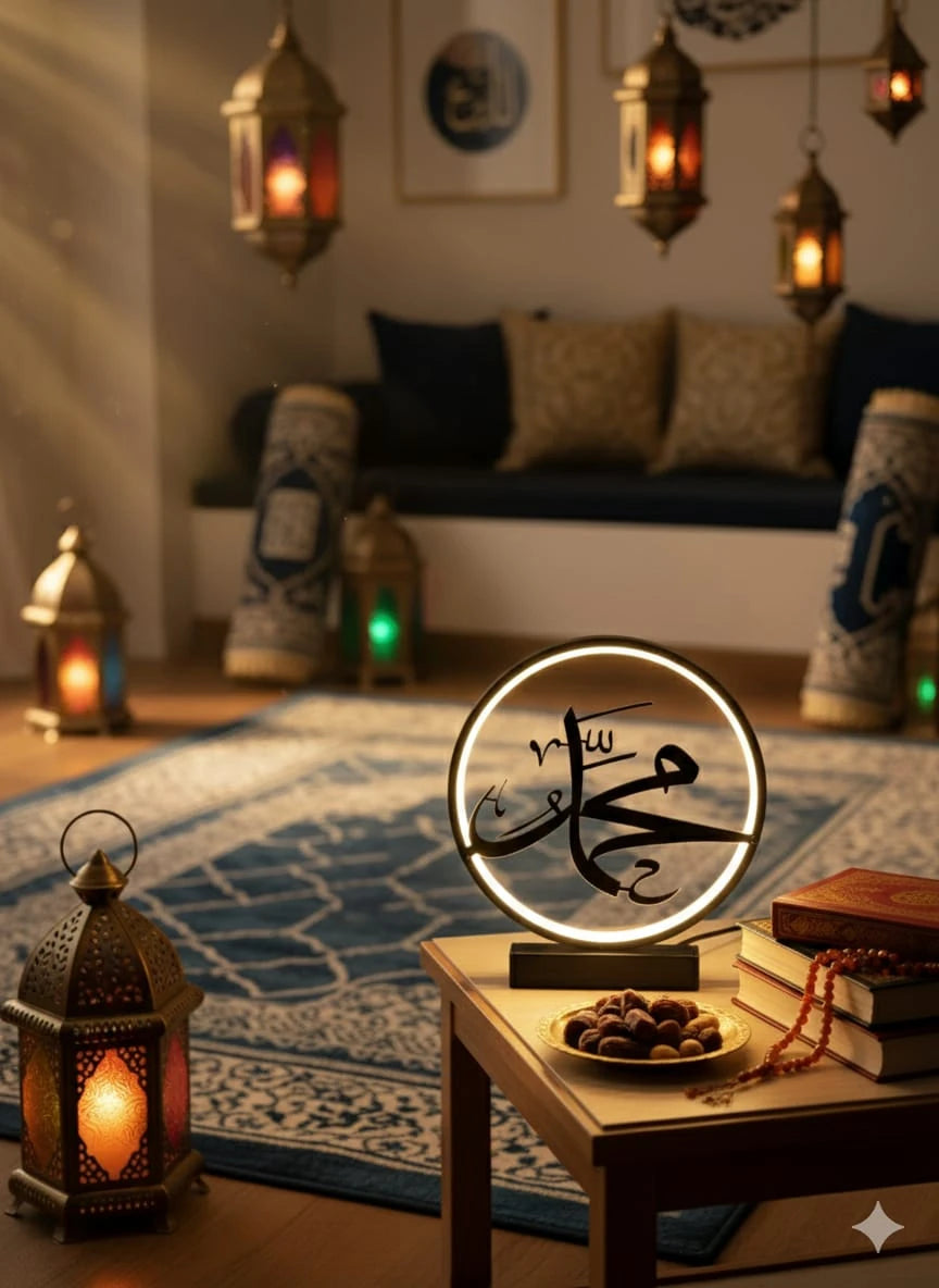 LED Işıklı Muhammed Yazılı Masa Lambası – İslami Hat Sanatı Dekoratif Aydınlatma