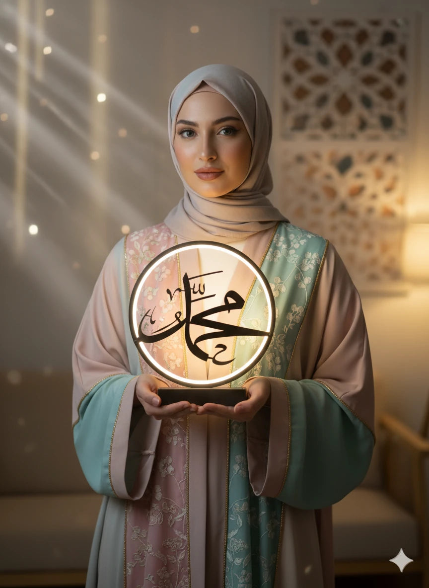 LED Işıklı Muhammed Yazılı Masa Lambası – İslami Hat Sanatı Dekoratif Aydınlatma