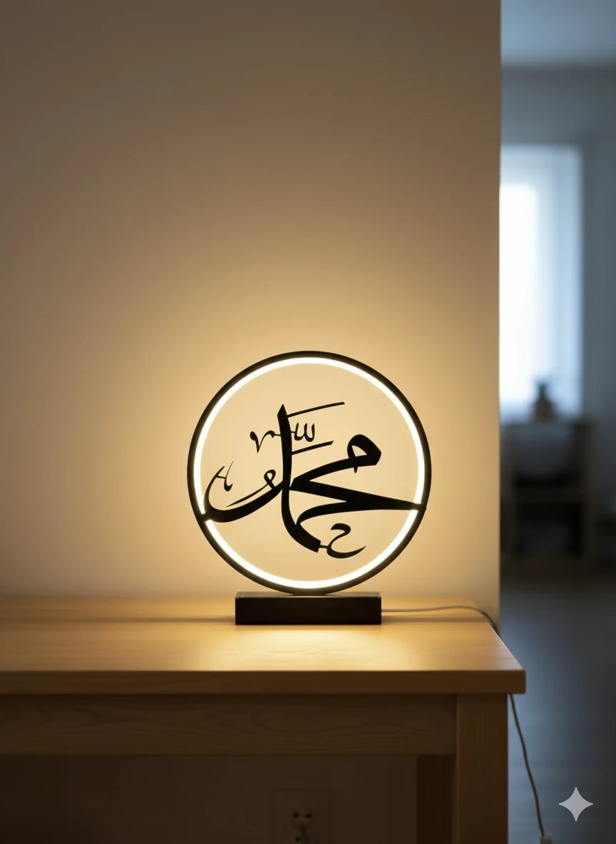 LED Işıklı Muhammed Yazılı Masa Lambası – İslami Hat Sanatı Dekoratif Aydınlatma